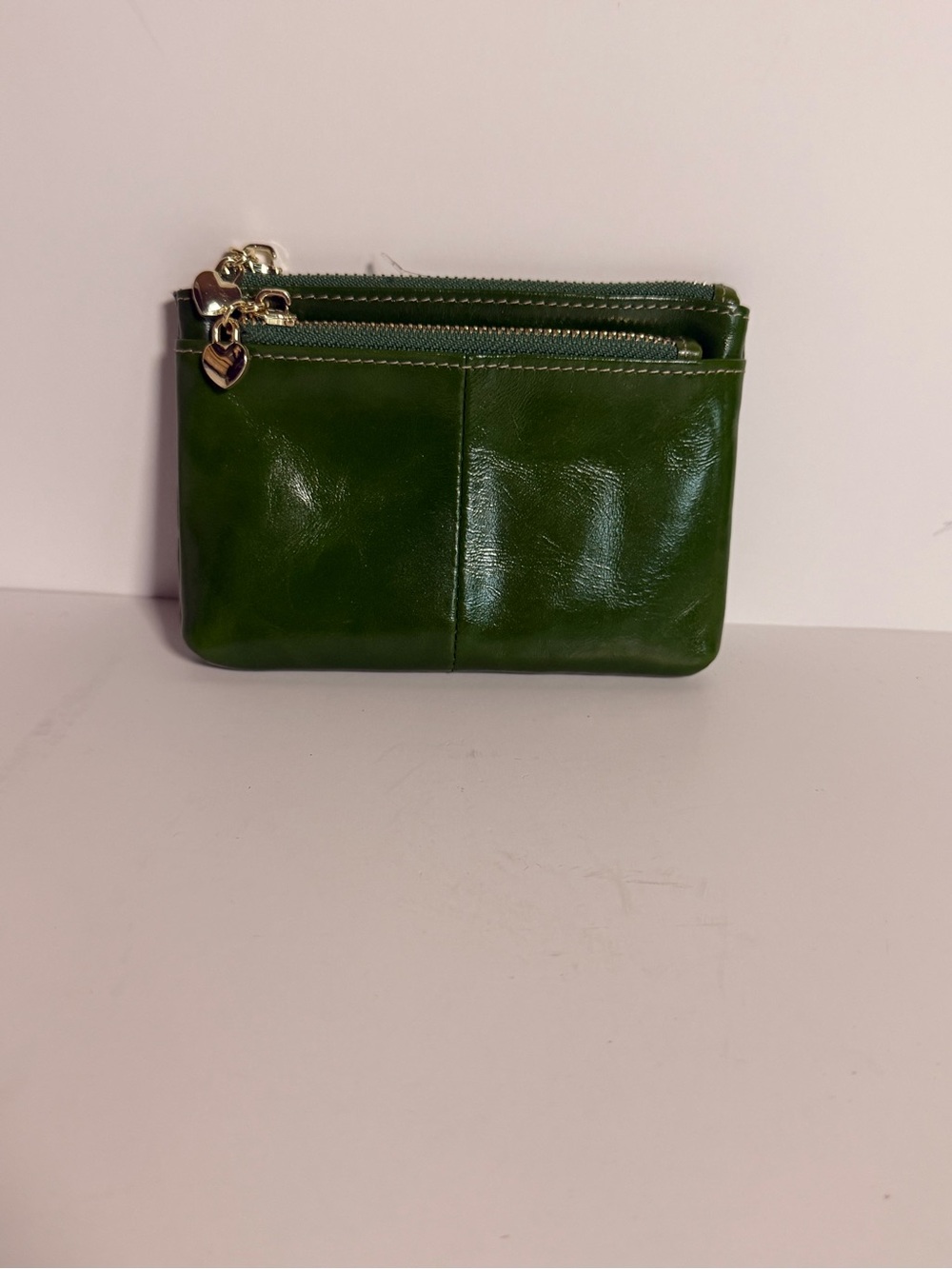 Compact Green Leather Zip Wallet with Heart Charm
